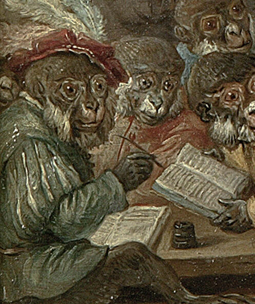 A monkey in Renaissance clothes writing with quill and ink.